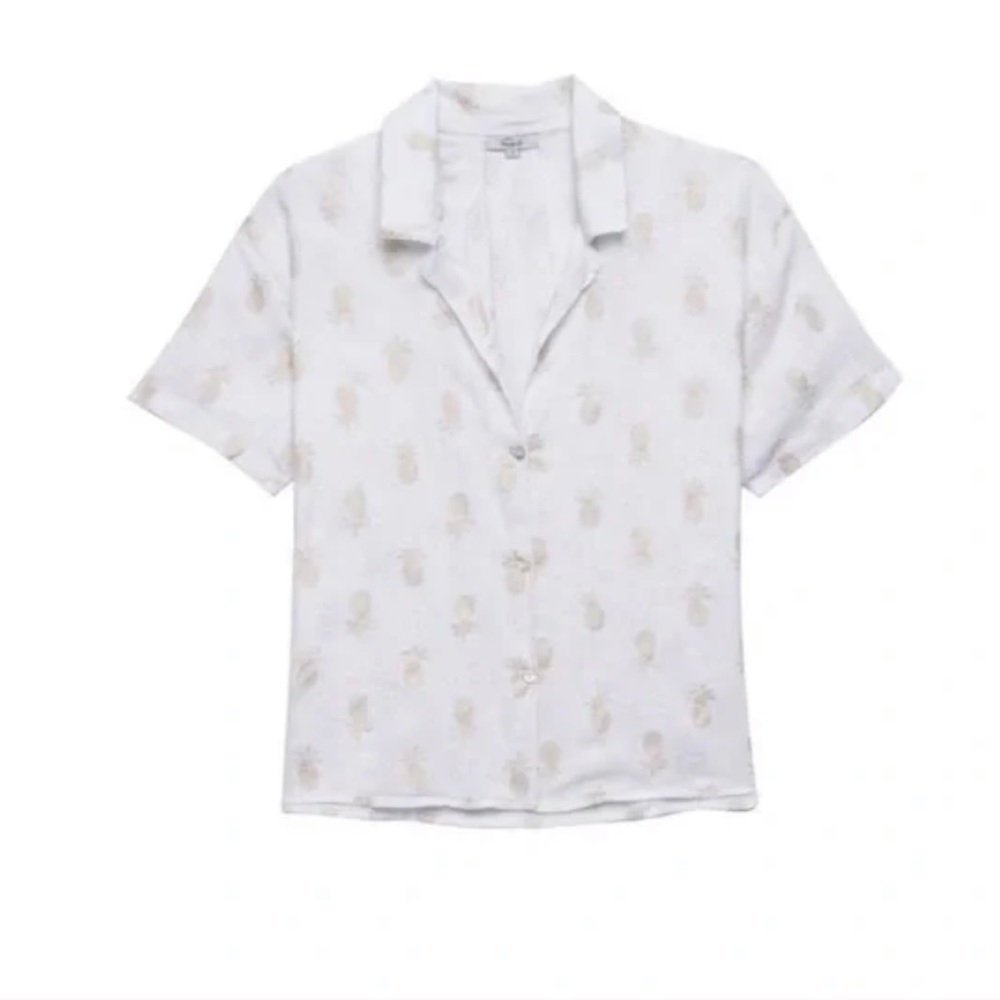 Rails Zumba Linen Blend White Short Sleeve Button Down with Gold Pineapples